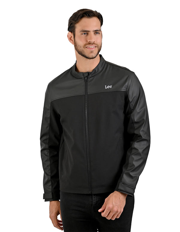 LEE chamarra negra para caballero con cuello mao, estilo moderno y ligero.